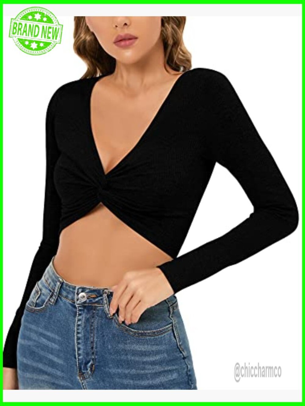 Long Sleeve Twist Front Crop Top Ribbed V Neck Going Out Shirt - Picture 4 of 7
